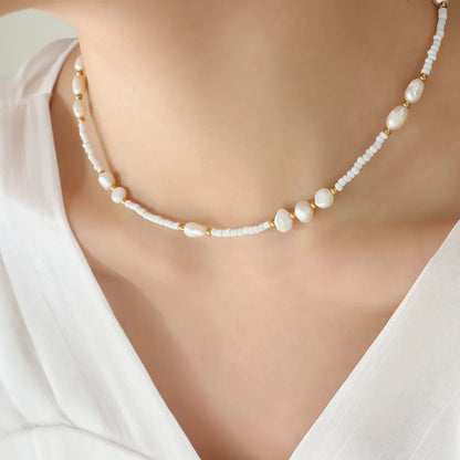 Titanium Steel Glass Bead Pearl Necklace